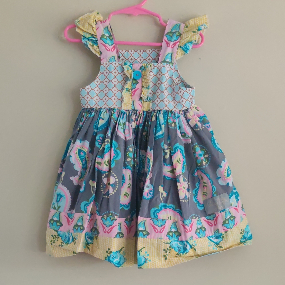Eleanor Rose Girls Grey Paisley Sundress with Pink and Teal Accents Easter Dress